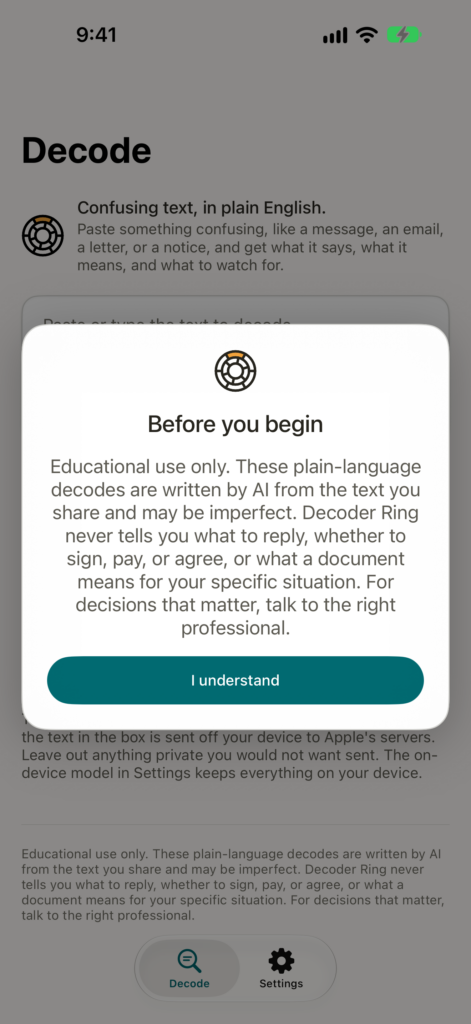 Decoder Ring on iPhone: the first-run screen explaining that cards are for education only