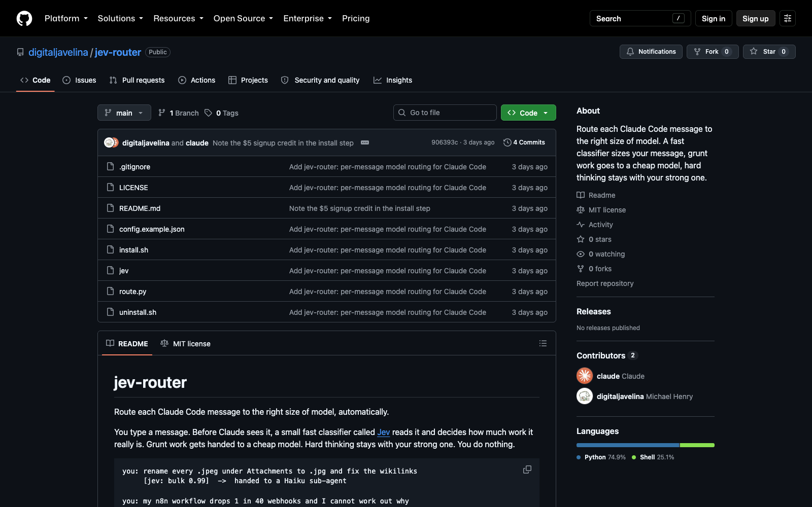 README: two example messages, one routed to a cheap sub-agent, one kept on the main model, cost and latency shown.
