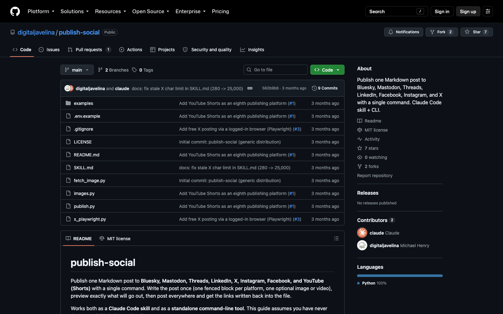 Repo README: a platform table with cost, media path and setup difficulty for all eight networks, then a first-timer setup guide.