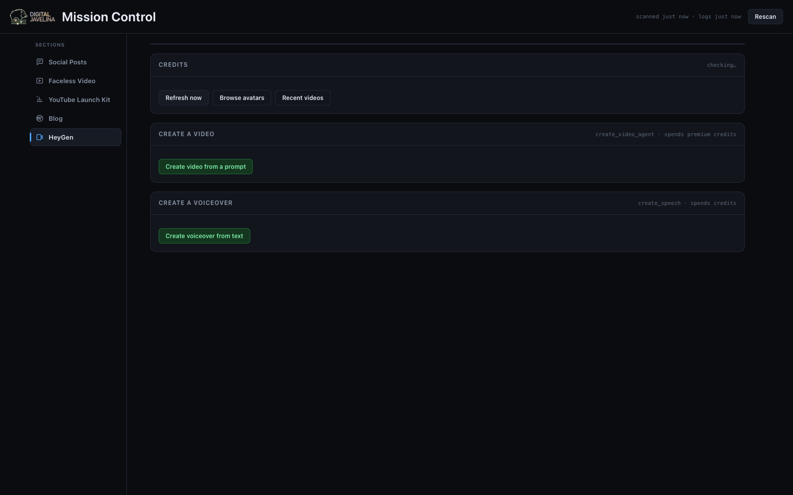 HeyGen section: avatar video and voiceover generation wired in, with a credit check before anything spends.