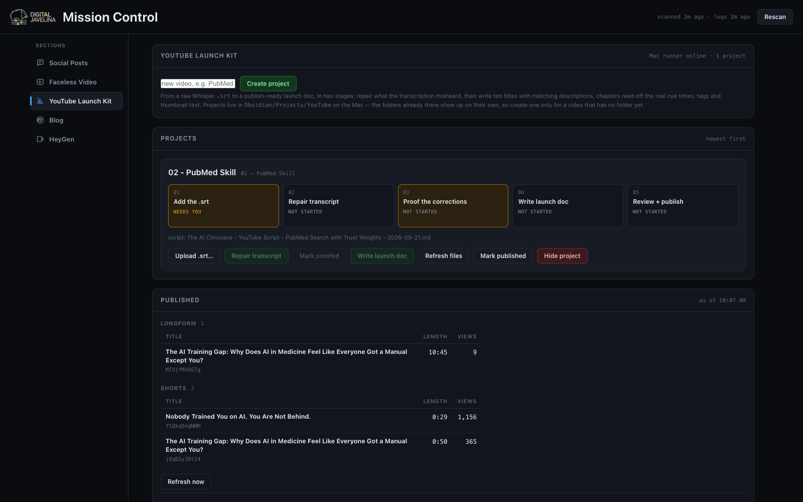 YouTube launch kit: turns a raw transcript into a publish-ready doc in five steps, with a table of what shipped and view counts.