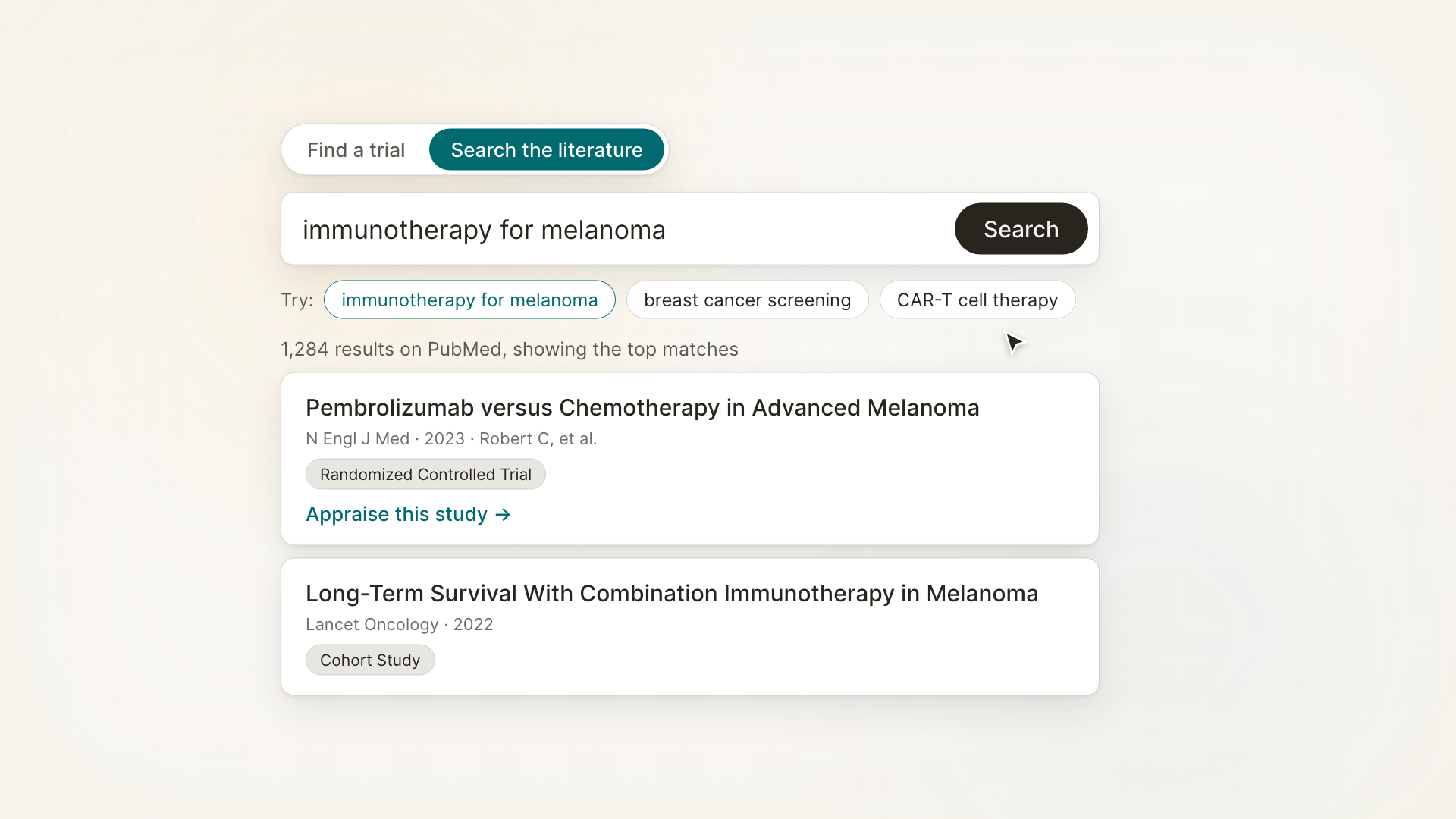 Literature search: 1,284 PubMed results for a query, top matches shown with journal, year and study type.