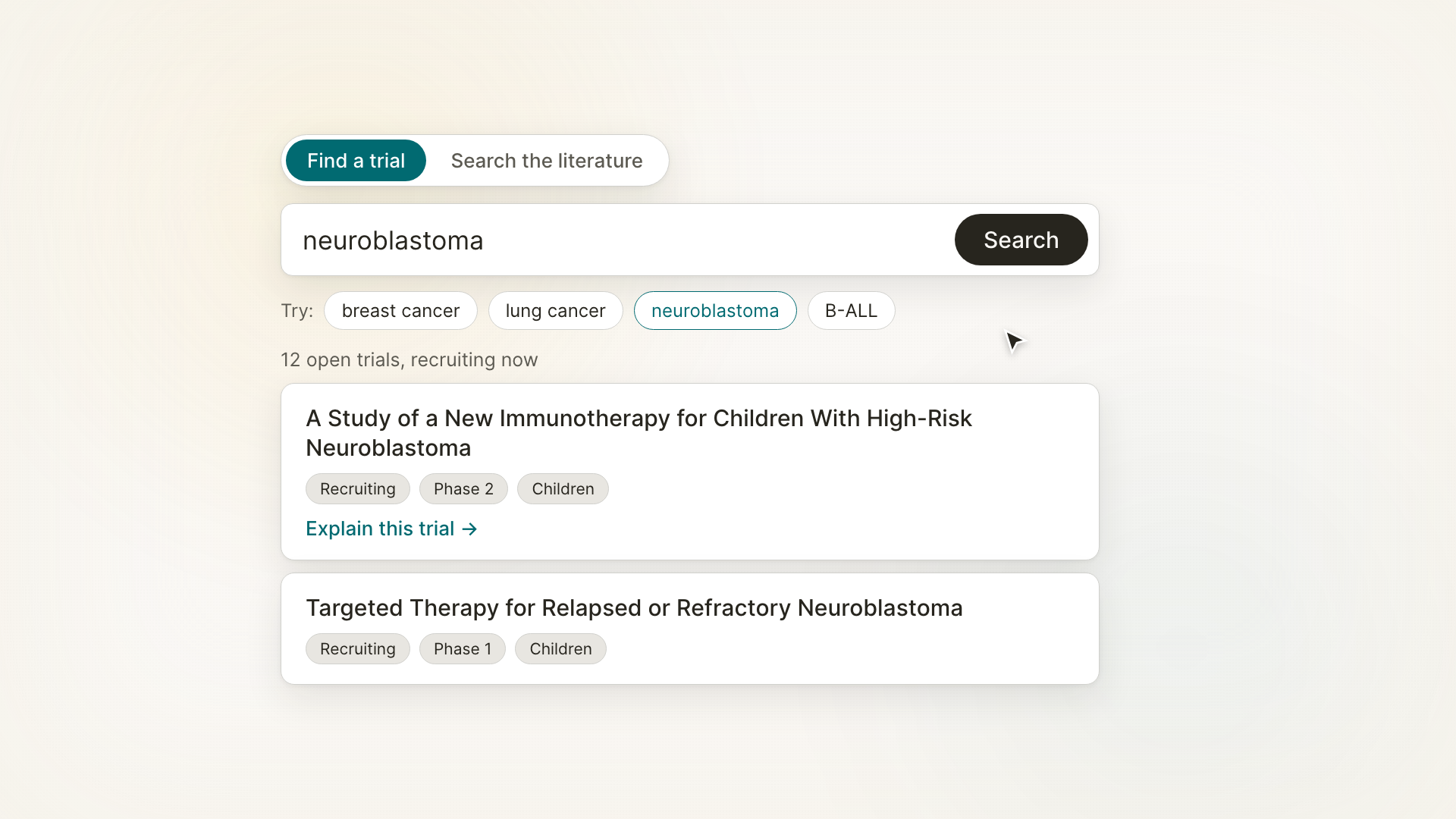 Search "neuroblastoma": twelve trials recruiting now, each tagged with phase, age range and an "Explain this trial" link.