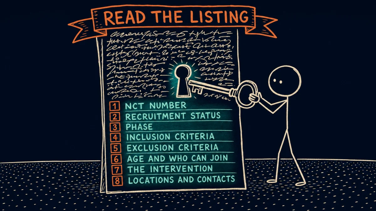 Hand-drawn illustration: a clinical trial listing page covered in unreadable scribbles, with a key turning in a keyhole. Below the key, eight numbered lines have become readable: NCT number, recruitment status, phase, inclusion criteria, exclusion criteria, age and who can join, the intervention, locations and contacts. A banner across the top reads READ THE LISTING.