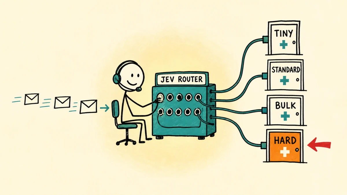 Hand-drawn illustration: a stick-figure operator in a headset plugs cables into a JEV ROUTER switchboard, sending incoming messages to four hospital doors labeled TINY, STANDARD, BULK, and HARD.